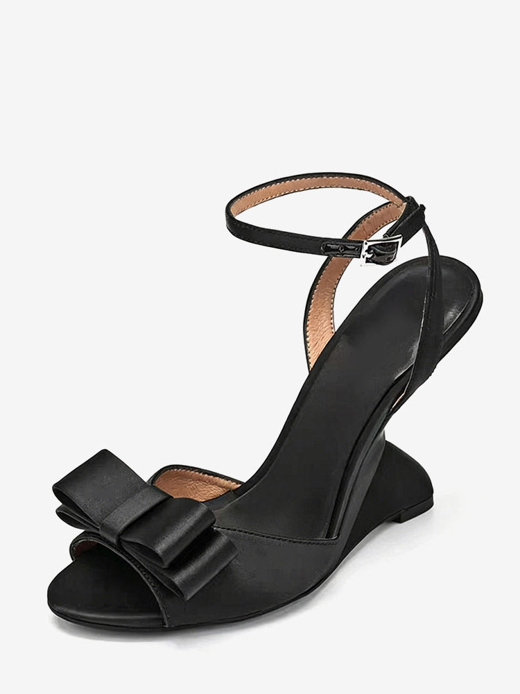 Black Open-Toe Satin Bow Detail Wedge Sandals — view 2