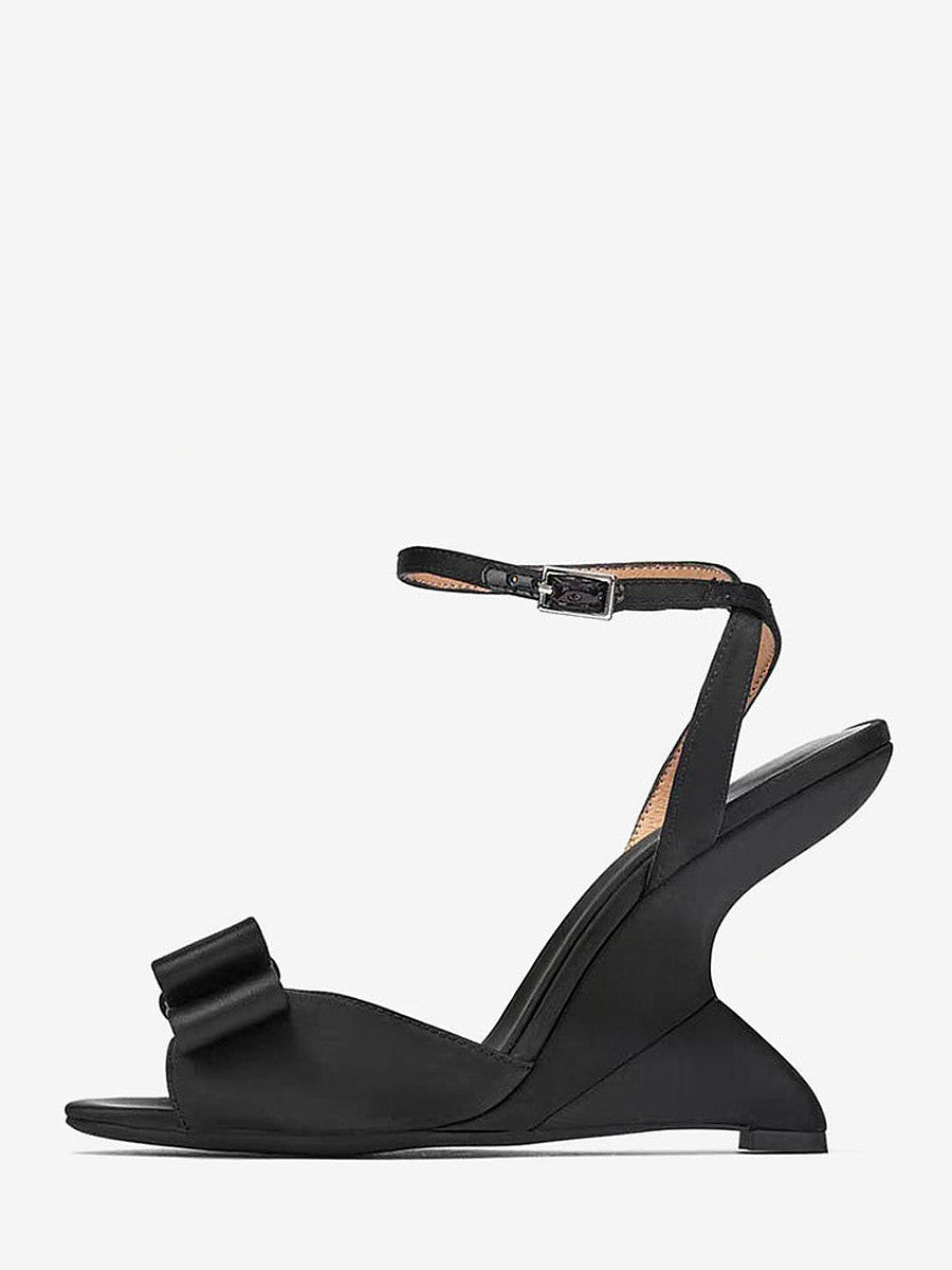 Black Open-Toe Satin Bow Detail Wedge Sandals — view 1