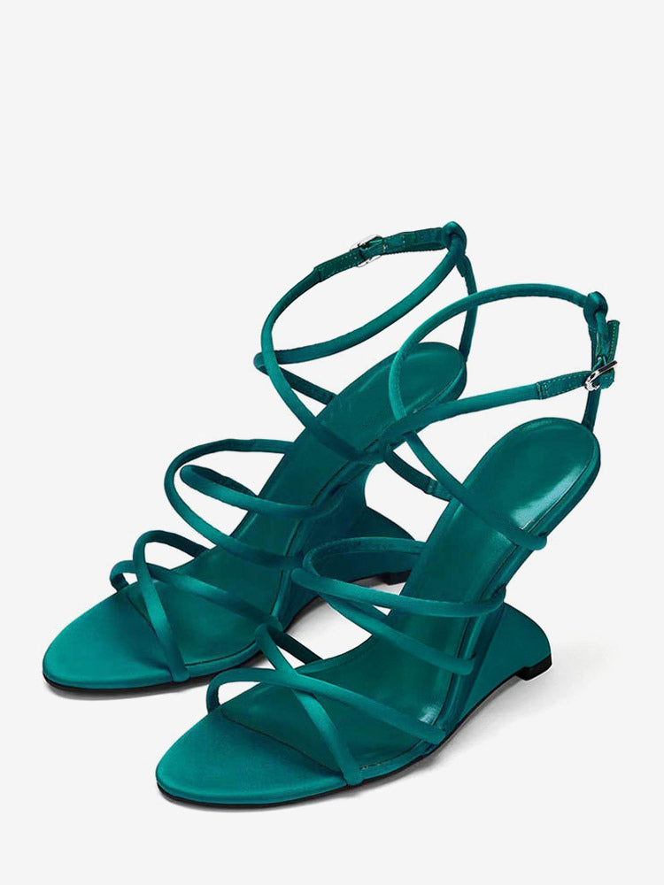 teal open toe satin wedge sandals — view 2