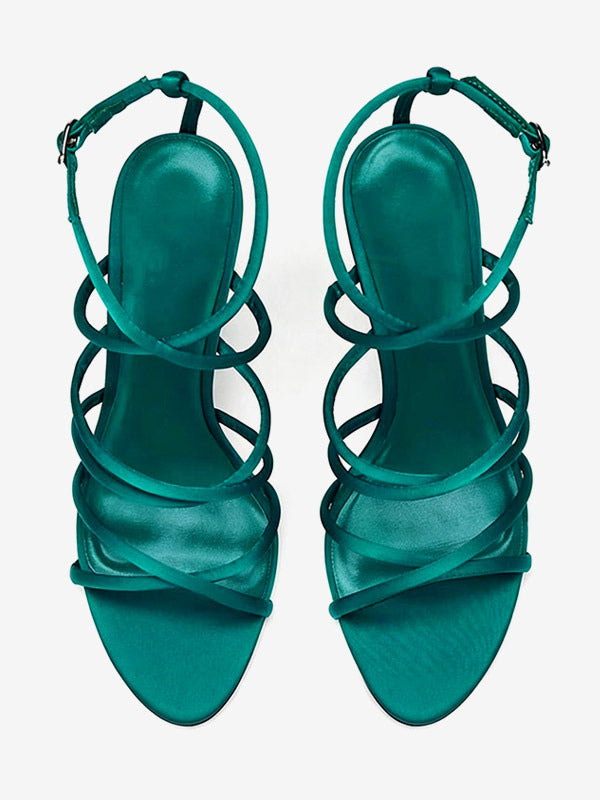 teal open toe satin wedge sandals — view 3