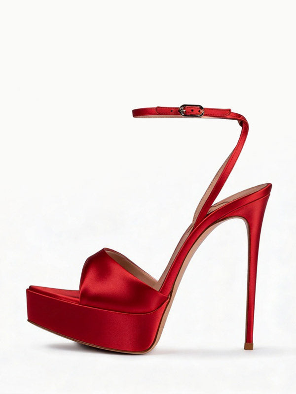 Red Open-Toe Ankle-Strap Satin Sandals — view 6