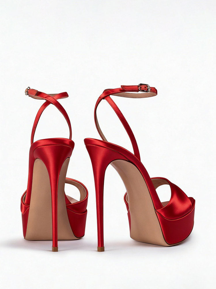 red open toe ankle strap satin sandals — view 7