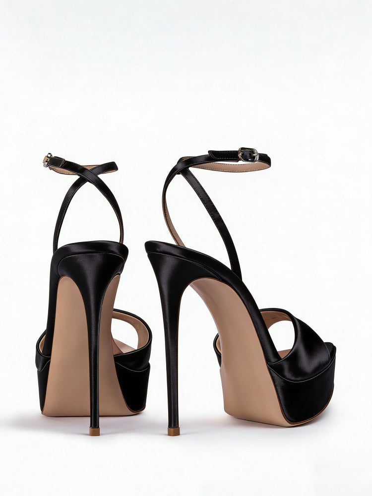 red open toe ankle strap satin sandals — view 2