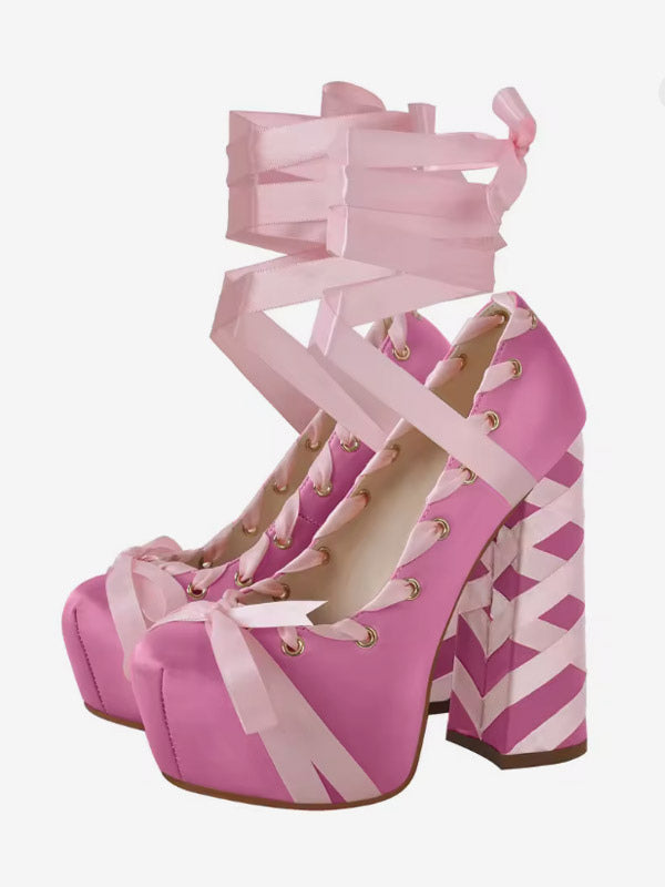 yellow round toe platform block heel court shoes — view 2