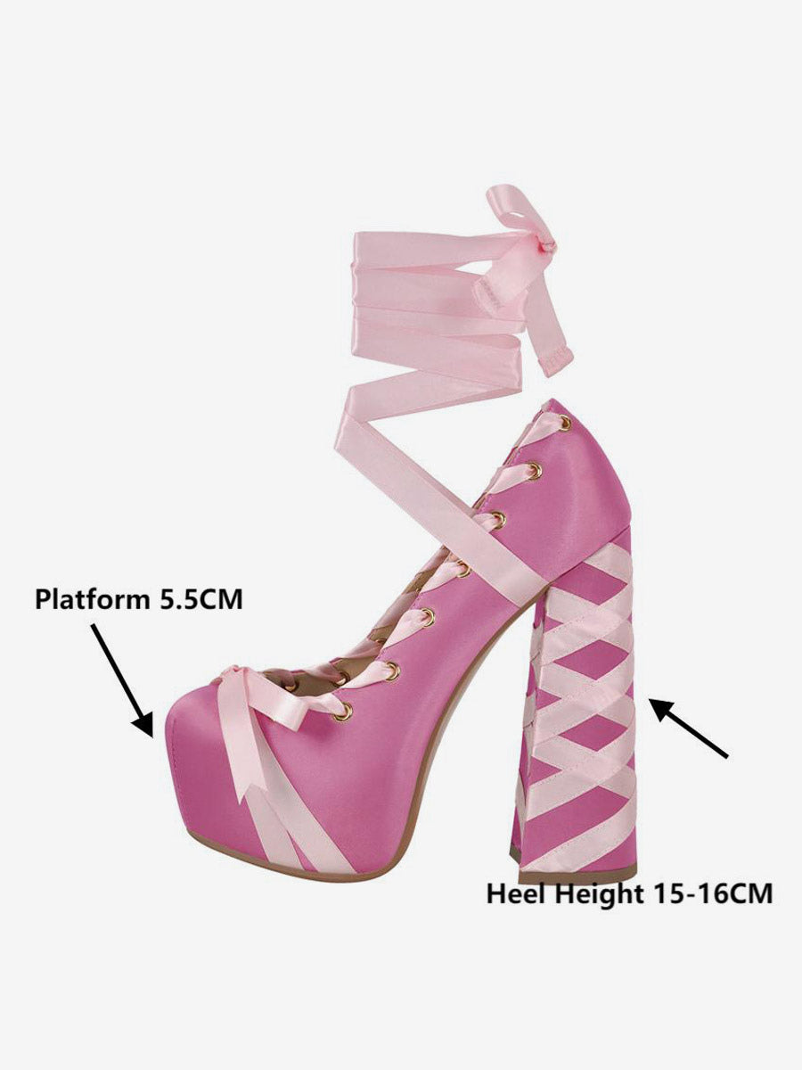 yellow round toe platform block heel court shoes — view 3