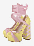 yellow round toe platform block heel court shoes — view 10