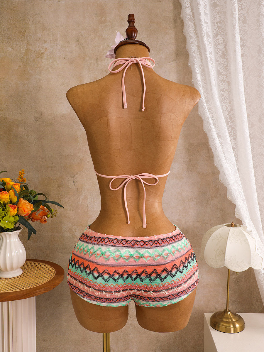 pink halter neck knitted bikini set — view 8