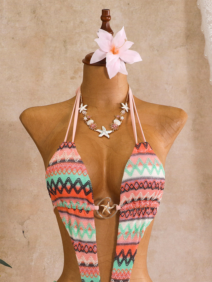 pink halter neck knitted bikini set — view 7