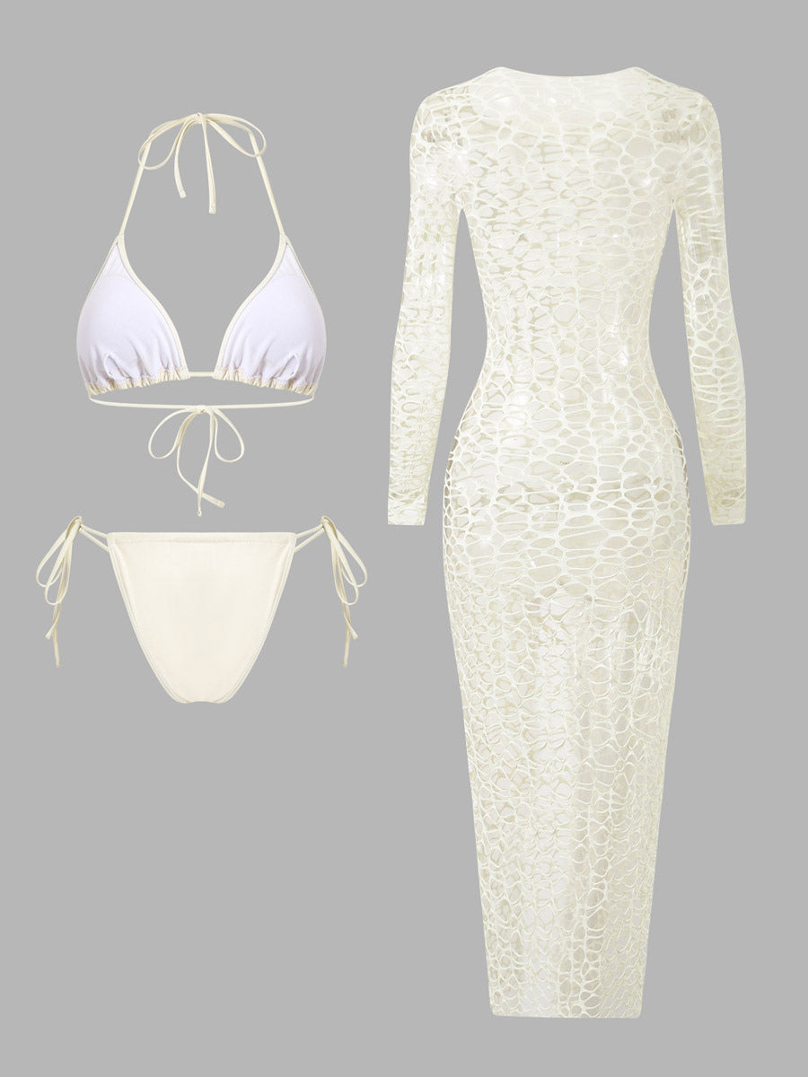 Apricot Long-Sleeve Halter-Neck Sheer Bikini Set — view 5