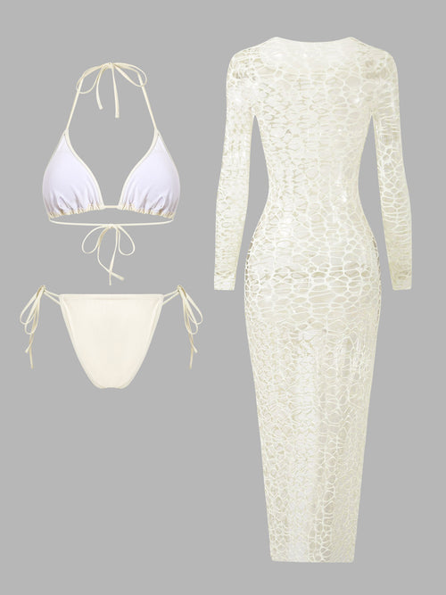 Apricot Long-Sleeve Halter-Neck Sheer Bikini Set — view 5