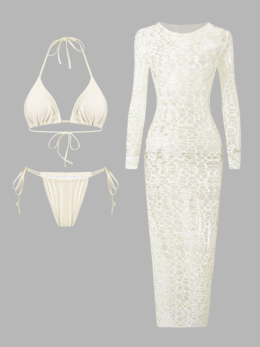 apricot long sleeve halter neck sheer bikini set — view 4