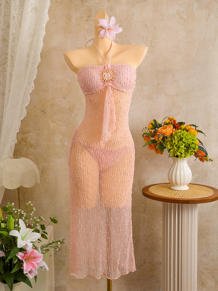 pink halter neck sheer knitted beach cover up — view 12