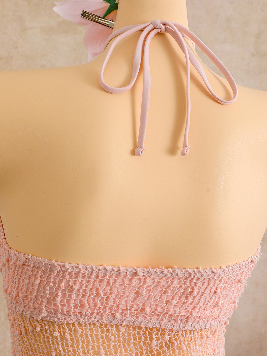 pink halter neck sheer knitted beach cover up — view 11