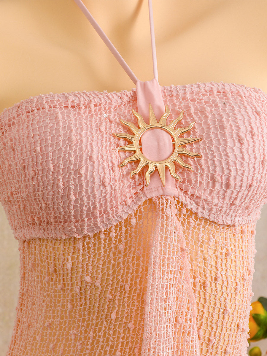 pink halter neck sheer knitted beach cover up — view 9