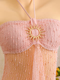 pink halter neck sheer knitted beach cover up — view 9