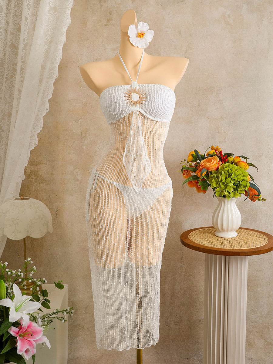 pink halter neck sheer knitted beach cover up — view 6