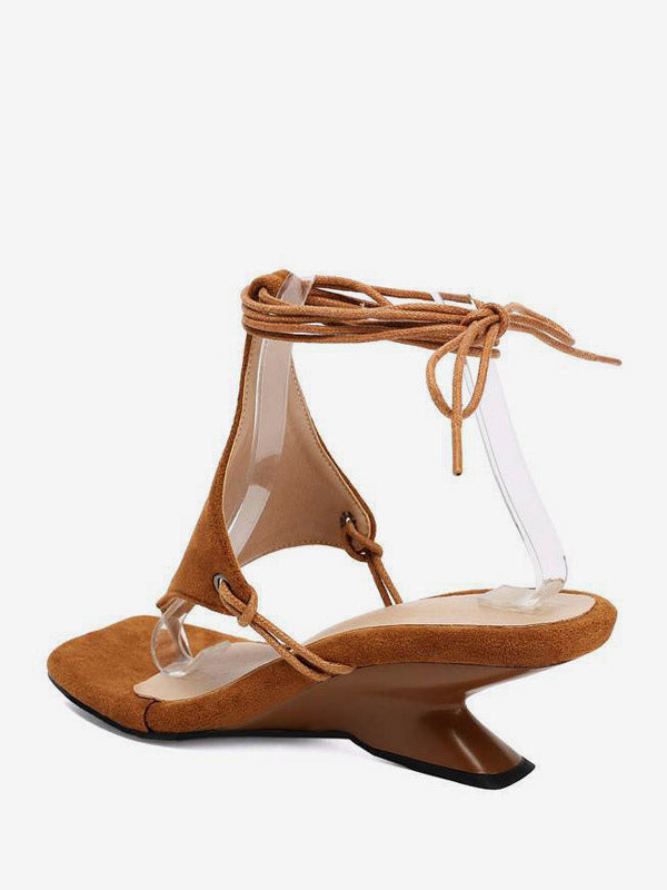 Brown Lace-Up Wedge Sandals — view 12
