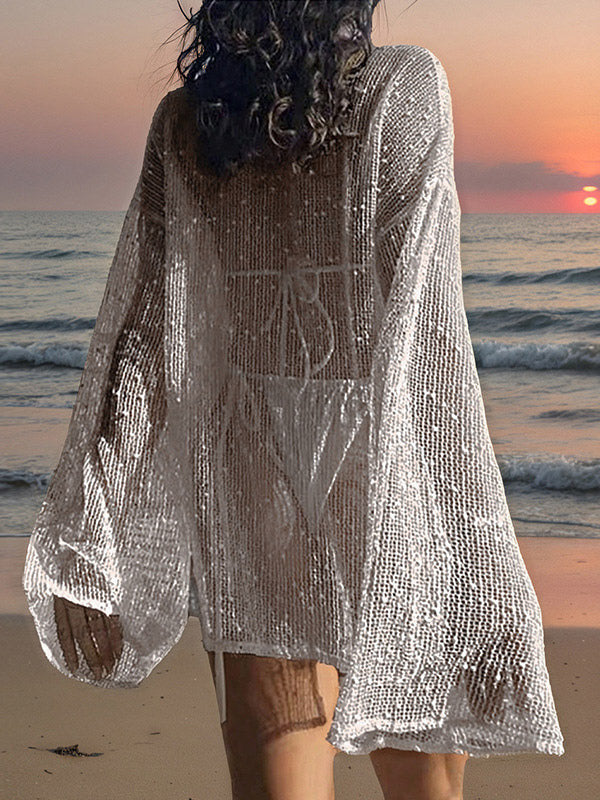 white long sleeve cut out beach cover up — view 3