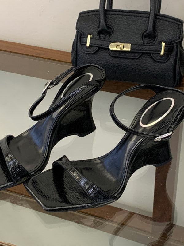 Black Open-Toe Buckle Wedge Sandals — view 7