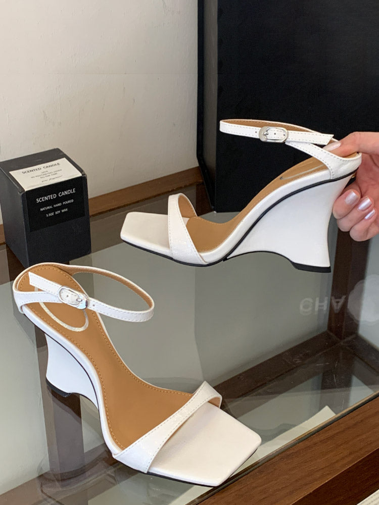 black open toe buckle wedge sandals — view 4