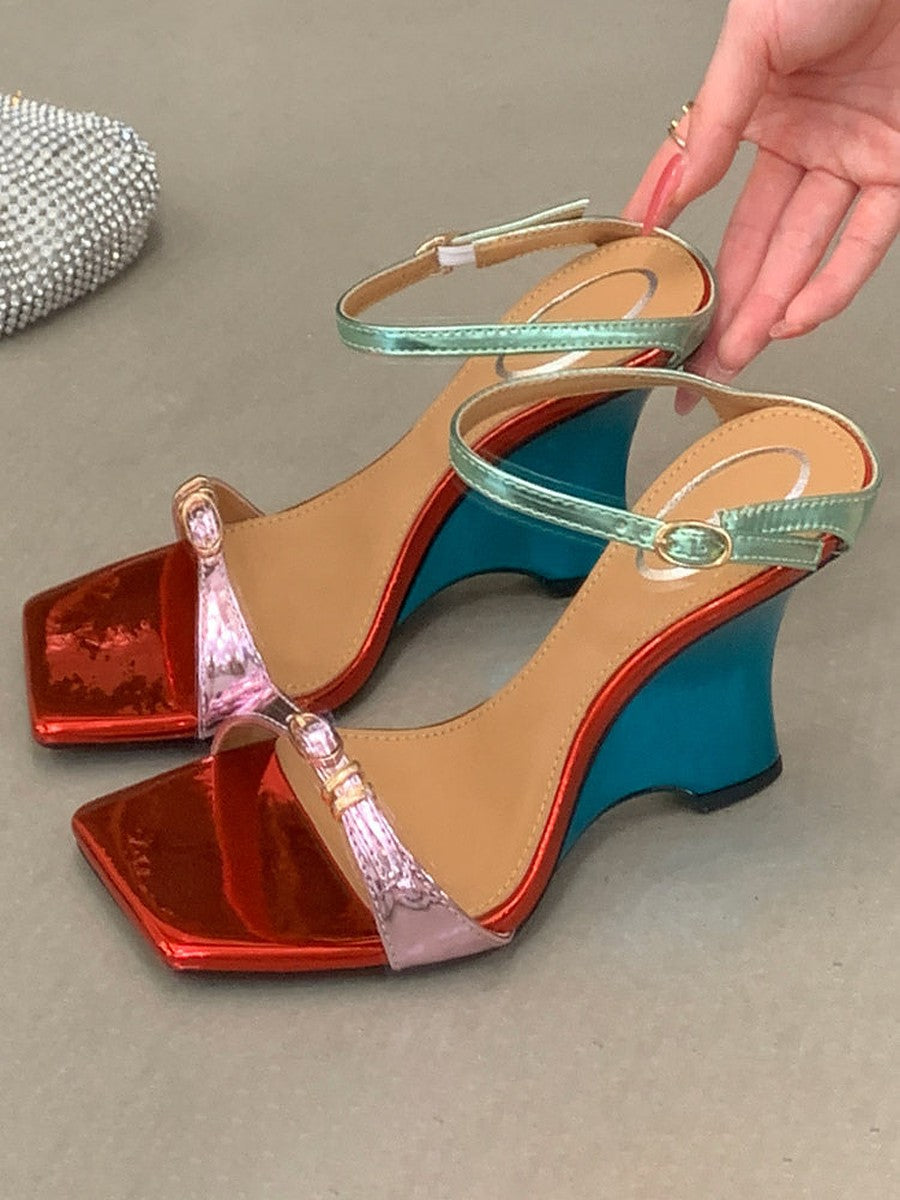 Gold Open-Toe Buckle Wedge Sandals — view 1