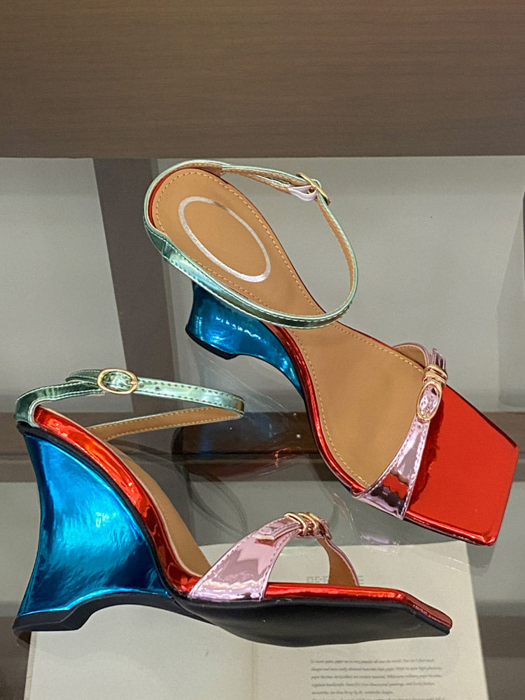 gold open toe buckle wedge sandals — view 2