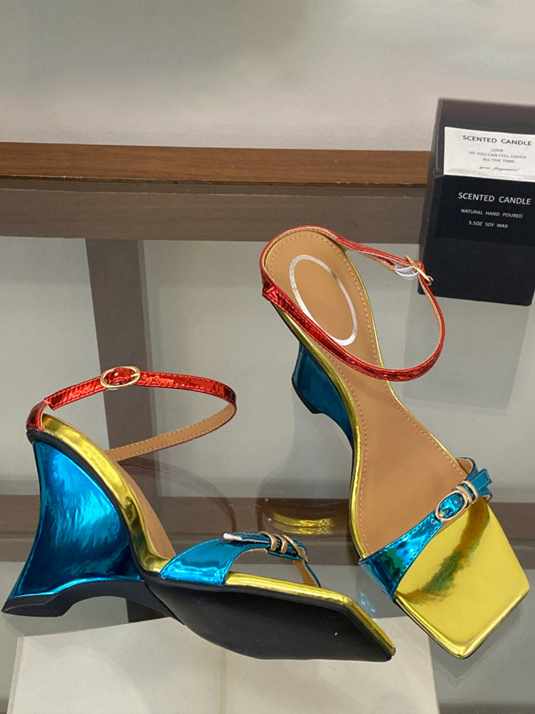 gold open toe buckle wedge sandals — view 6
