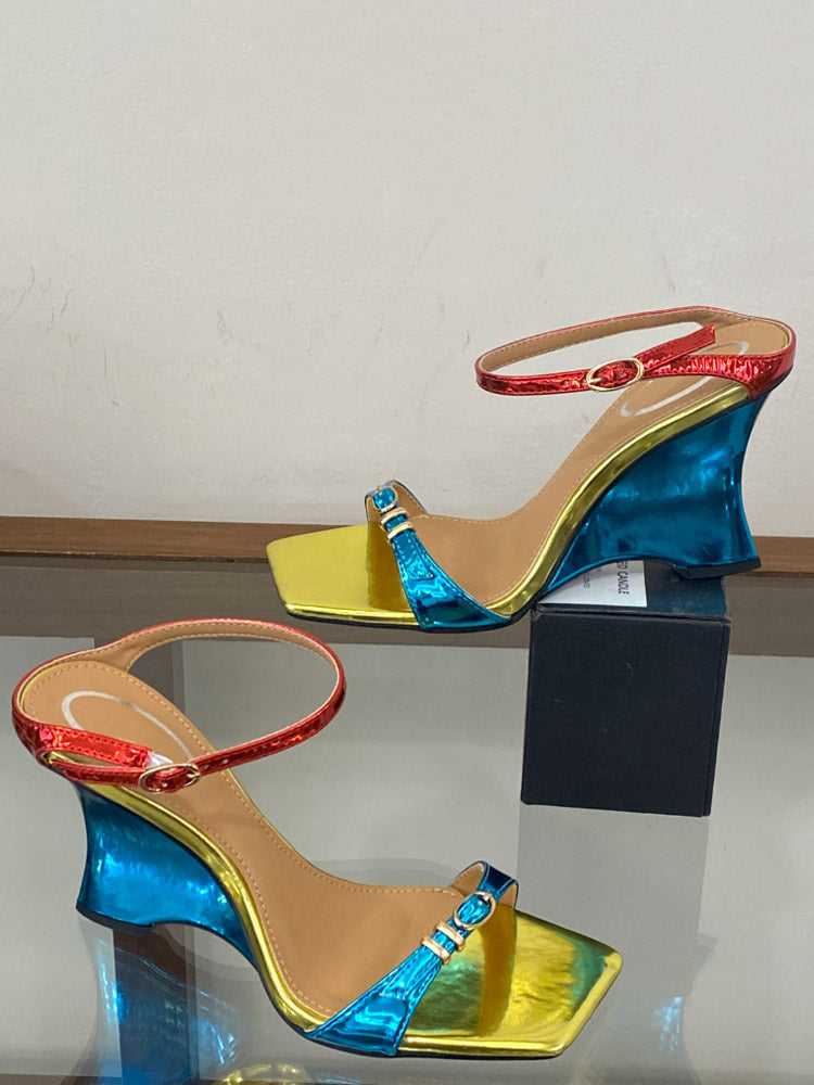 gold open toe buckle wedge sandals — view 7