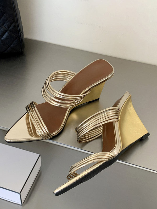 gold open toe strappy wedge sandals — view 1