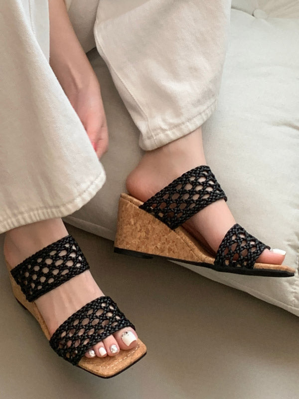 black open toe cut out wedge sandals — view 3