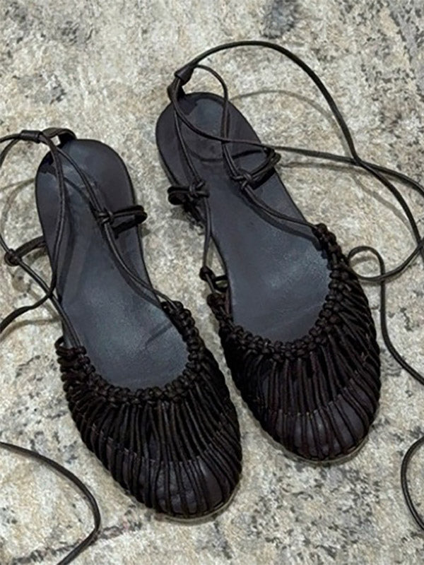 brown round toe lace up cut out sandals — view 2
