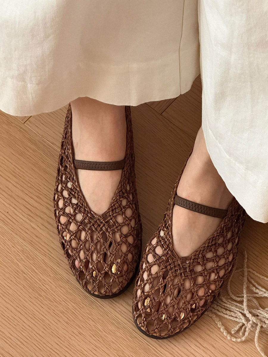 brown round toe cut out ballet flats — view 1