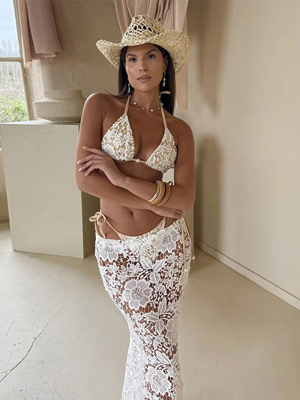 white sleeveless lace longline beach cover up — view 1