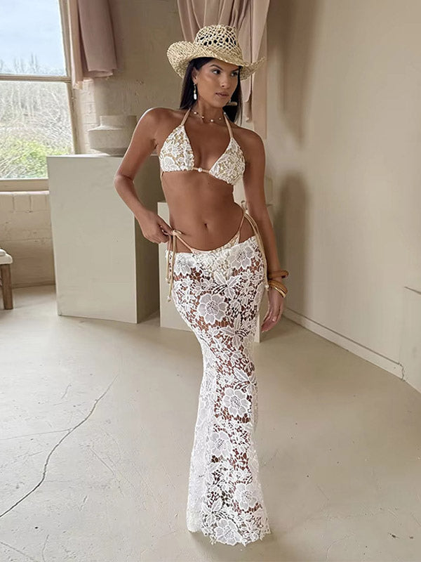 white sleeveless lace longline beach cover up — view 2