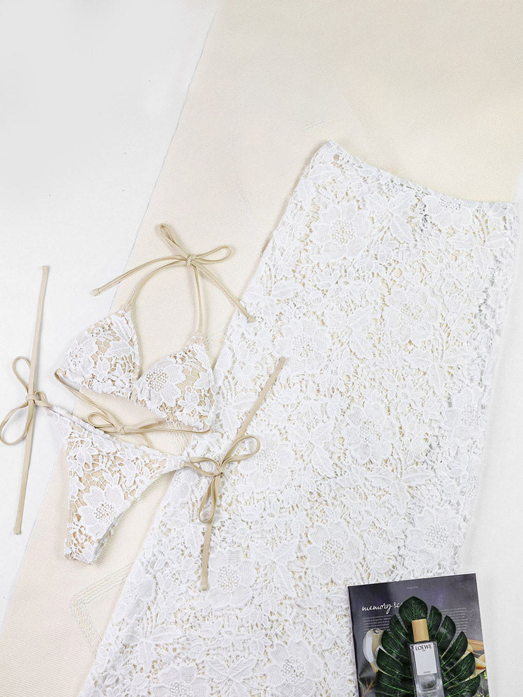 white sleeveless lace longline beach cover up — view 4