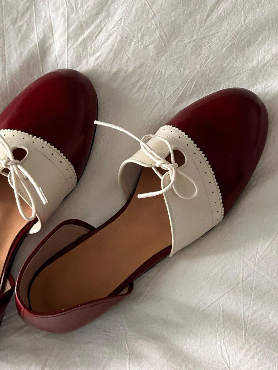 red round toe lace up slip on ballet flats — view 2