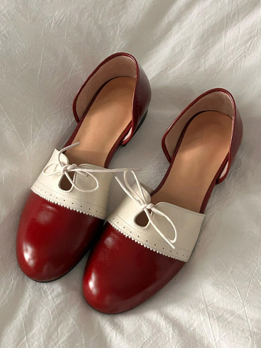 red round toe lace up slip on ballet flats — view 1
