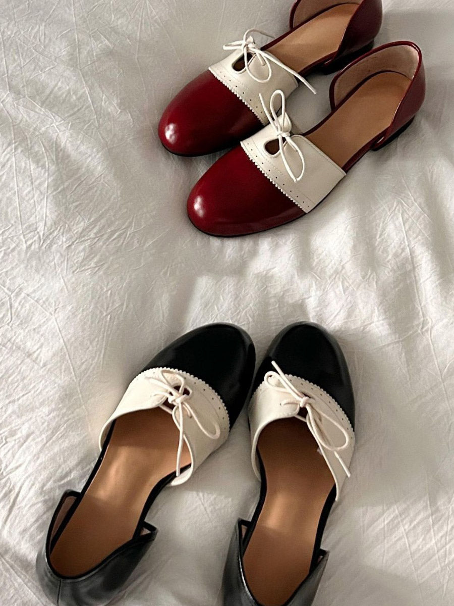 red round toe lace up slip on ballet flats — view 5