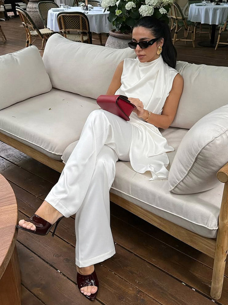 white sleeveless high neck wide leg two piece set — view 3