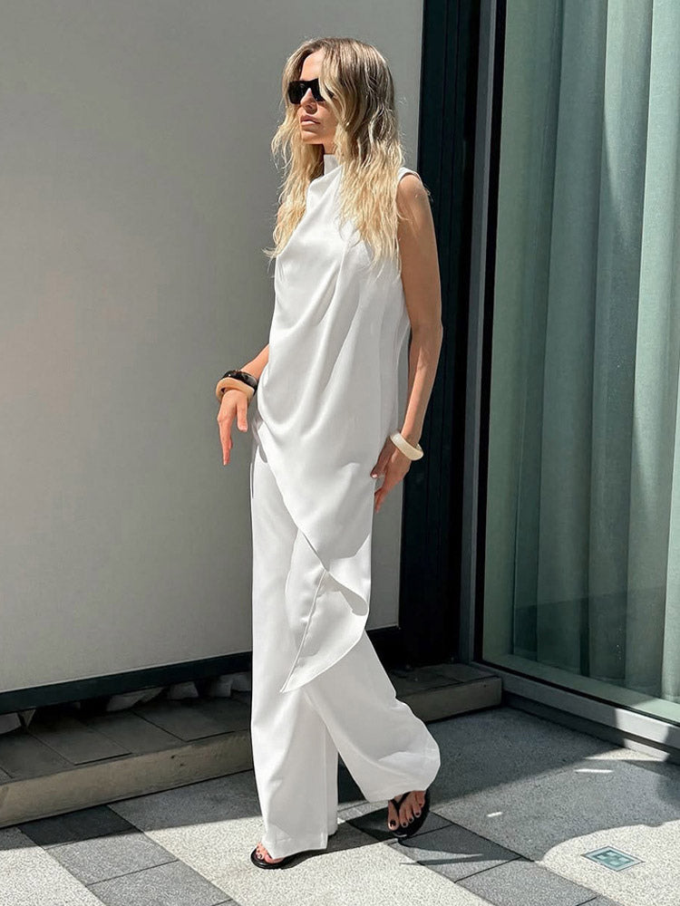 white sleeveless high neck wide leg two piece set — view 4