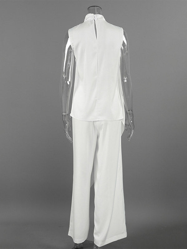 White Sleeveless High-Neck Wide-Leg Two-Piece Set — view 6