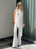White Sleeveless High-Neck Wide-Leg Two-Piece Set — view 1