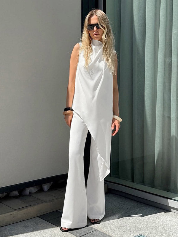 white sleeveless high neck wide leg two piece set — view 1