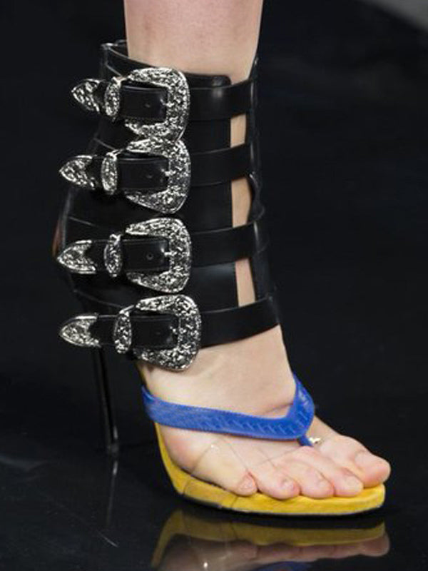 Yellow Buckle Embellished Gladiator Sandals — view 7