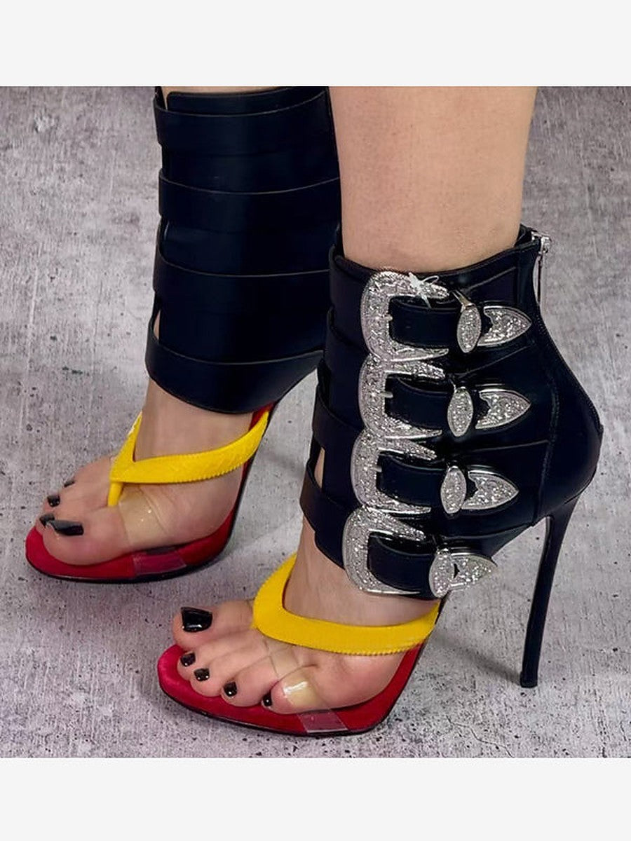 Yellow Buckle Embellished Gladiator Sandals — view 1