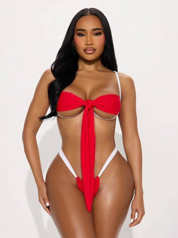 red lace up bikini set — view 8