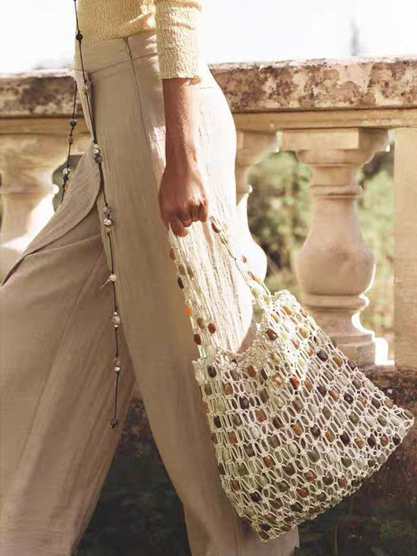 apricot beaded sheer knitted handbag — view 1