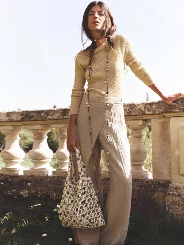 apricot beaded sheer knitted handbag — view 2