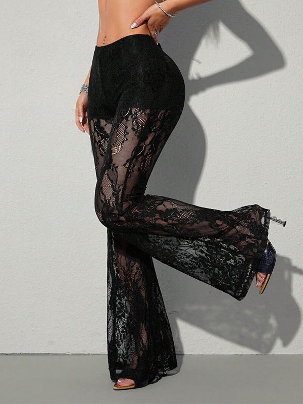 Black High-Waisted Floral Lace Trousers — view 4