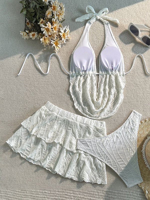 yellow v neck halter neck ruffle bikini set — view 5
